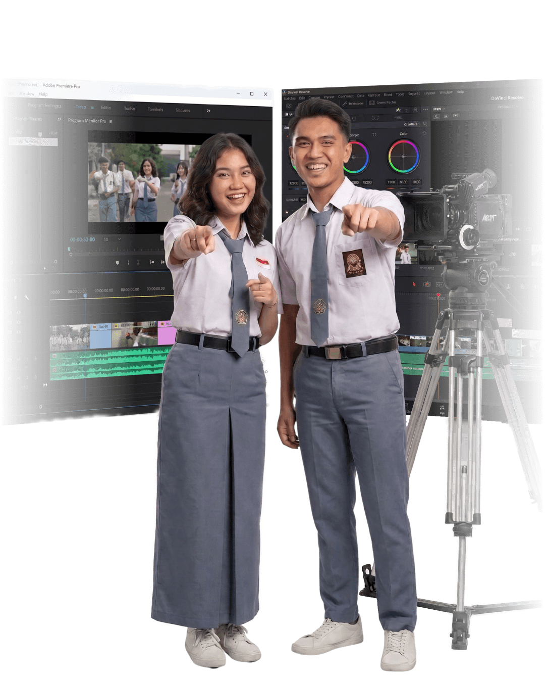 Dua siswa SMA memamerkan karya video AI di depan editor Adobe Premiere & DaVinci Resolve
