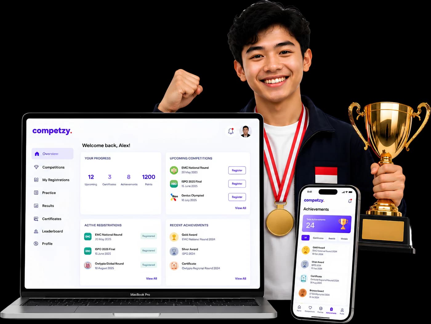 Pelajar juara mengangkat piala di samping tampilan dasbor Competzy di laptop dan ponsel